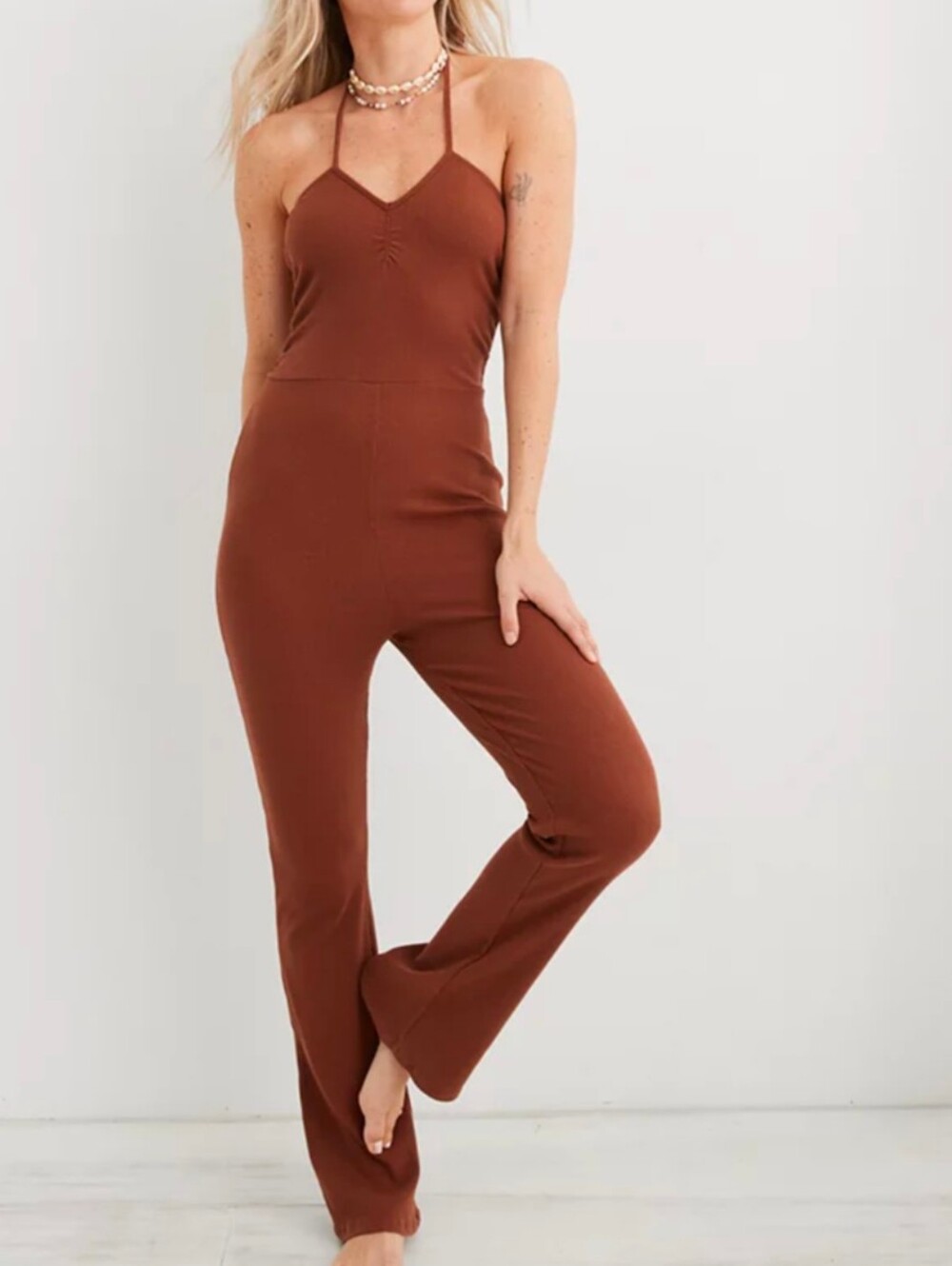 Aerie Halter Top Ribbed Slim Flare Leg V Neck Jumpsuit Brown Large